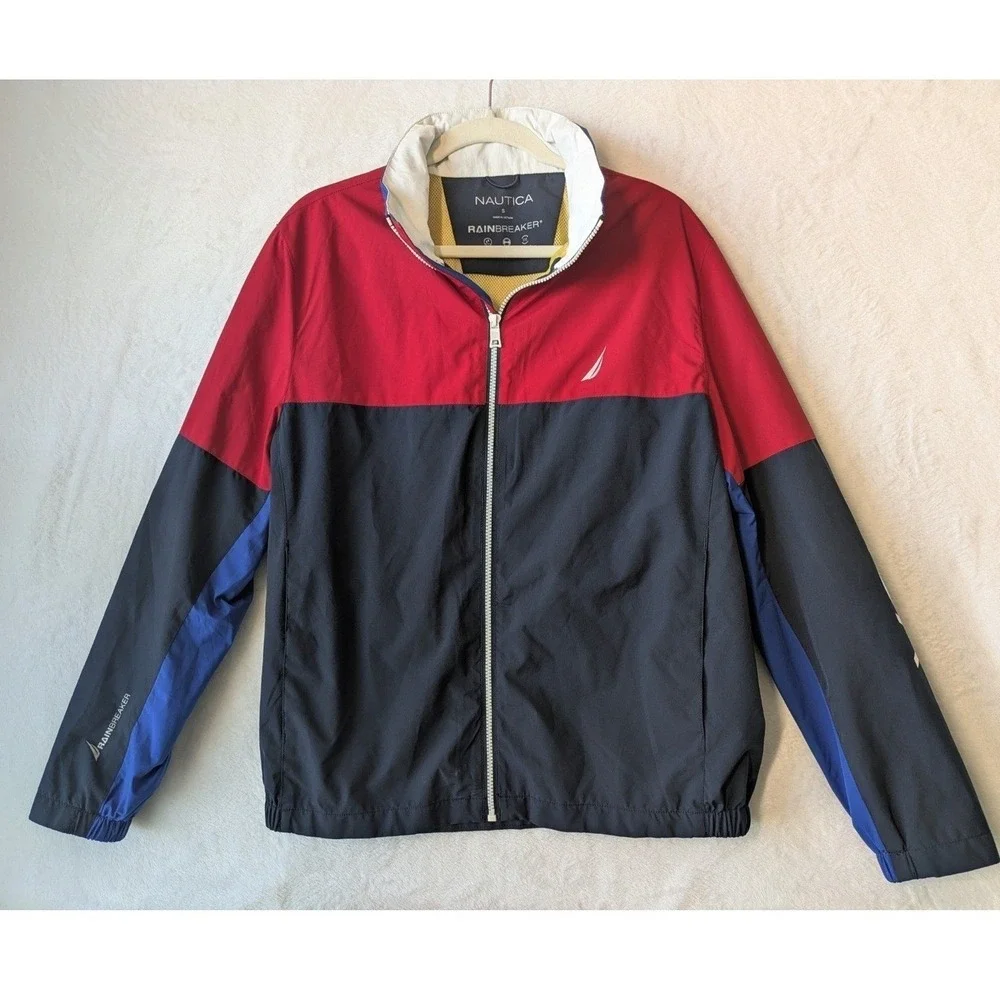 Nautica Men's Rain Jacket Small‎ Red Blue Colorblock Waterproof Windbreaker